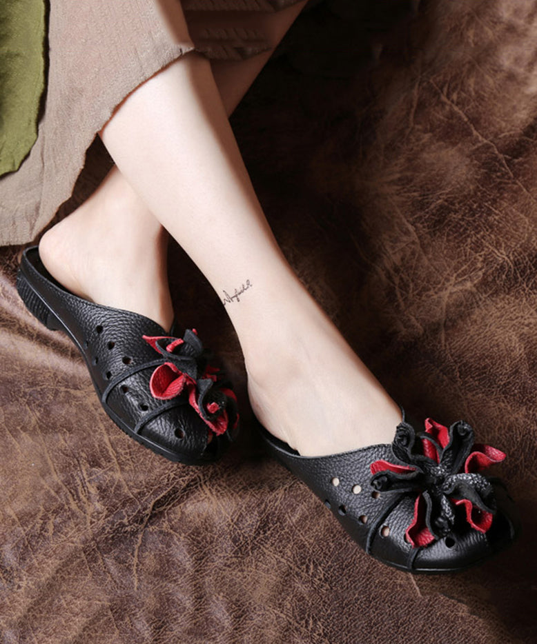 DIY Black Cowhide Leather Splicing Slide Sandals DF1004 Ada Fashion