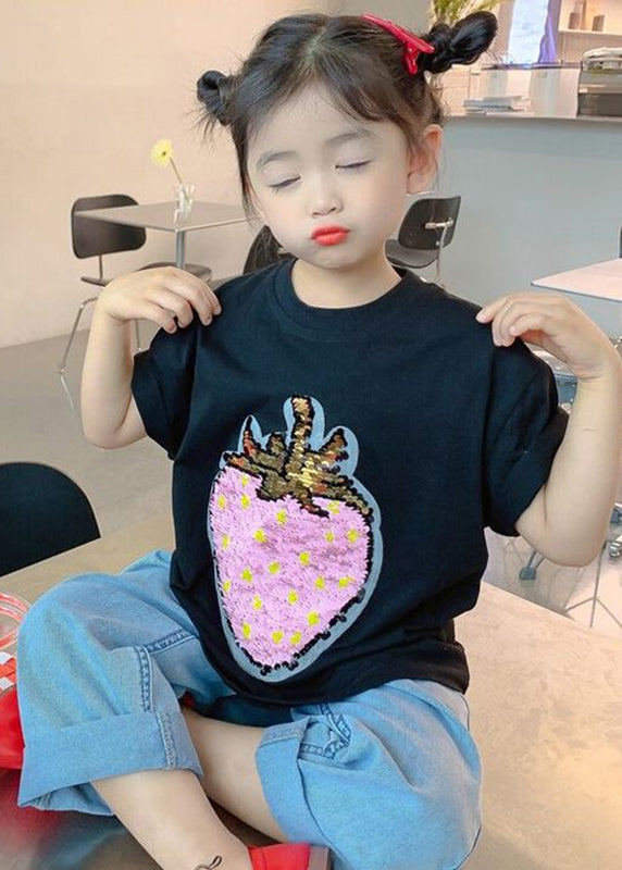 DIY Black O-Neck Strawberry Print Girls T Shirt Short Sleeve YU1088 WS-RCTZ-STP240529