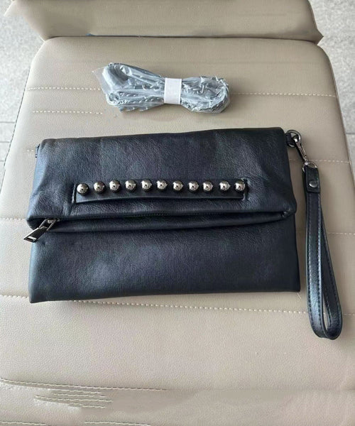 DIY Black Rivet Chain LinkedFaux Leather Satchel Handbag UU1091 Bag-BGS240527