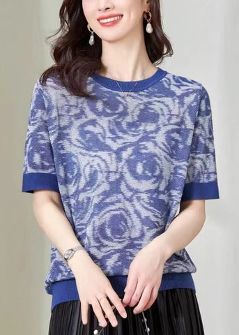 Summer O-Neck DIY Knit Print Top Blue FashionChic