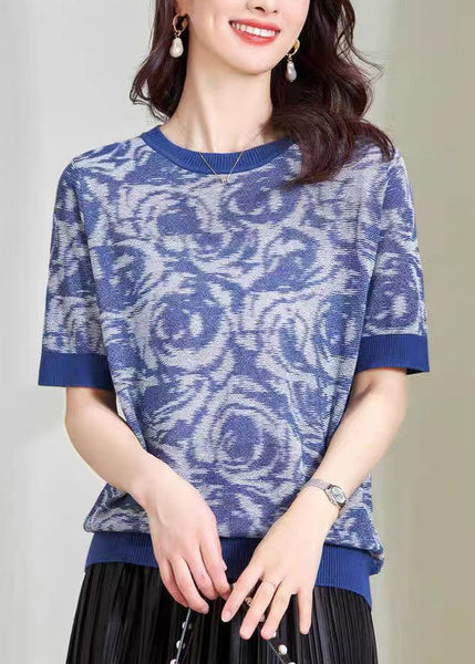 Summer O-Neck DIY Knit Print Top Blue FashionChic
