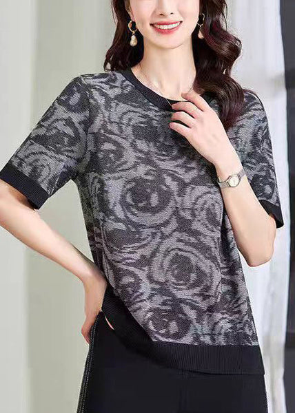 Summer O-Neck DIY Knit Print Top Blue FashionChic