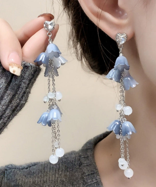 DIY Blue Sterling Silver Zircon Pearl Floral Tassel Drop Earrings KX1084 Ada Fashion