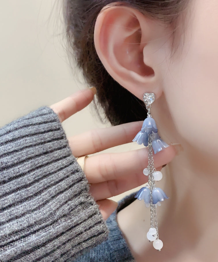 DIY Blue Sterling Silver Zircon Pearl Floral Tassel Drop Earrings KX1084 Ada Fashion