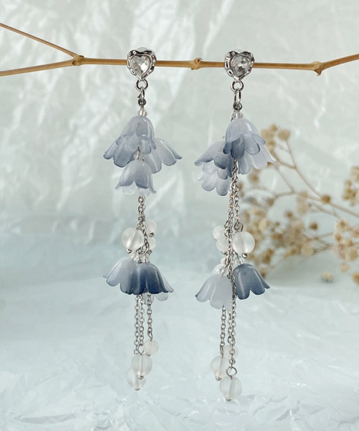 DIY Blue Sterling Silver Zircon Pearl Floral Tassel Drop Earrings KX1084 Ada Fashion