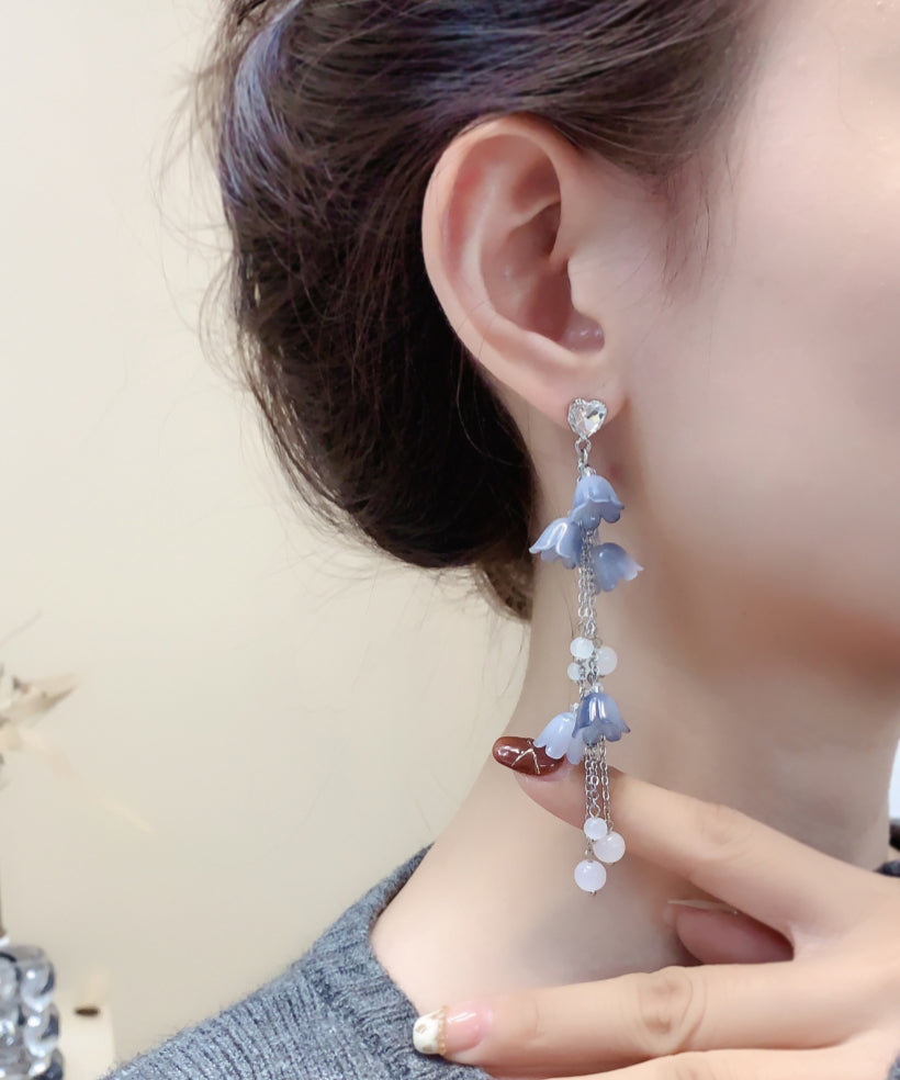 DIY Blue Sterling Silver Zircon Pearl Floral Tassel Drop Earrings KX1084 Ada Fashion