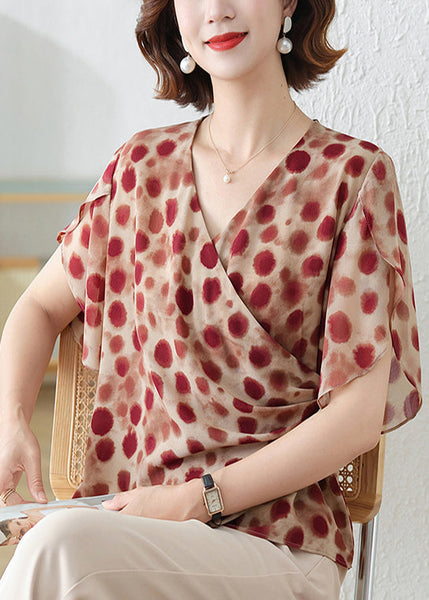 Shirts Print Red Brick DIY Chiffon Summer Asymmetrical FashionChic