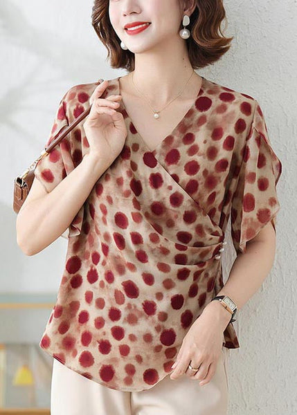 Shirts Print Red Brick DIY Chiffon Summer Asymmetrical FashionChic