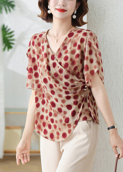 Shirts Print Red Brick DIY Chiffon Summer Asymmetrical FashionChic