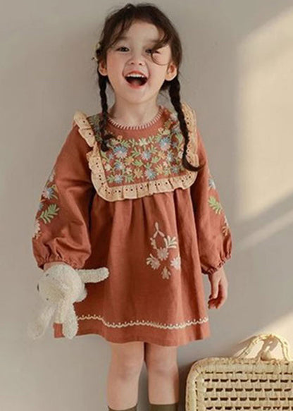 DIY Brick Red Embroideried Hollow Out Kids Mid Dress Fall SS1063 MM-RCTZ-FDM240601