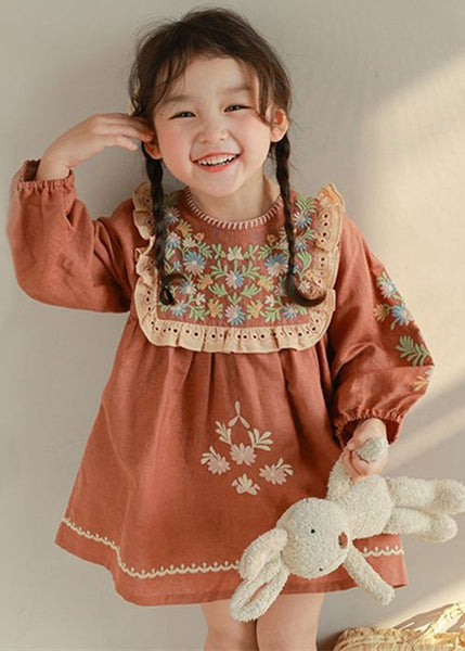 DIY Brick Red Embroideried Hollow Out Kids Mid Dress Fall SS1063 MM-RCTZ-FDM240601