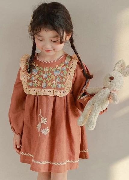 DIY Brick Red Embroideried Hollow Out Kids Mid Dress Fall SS1063 MM-RCTZ-FDM240601