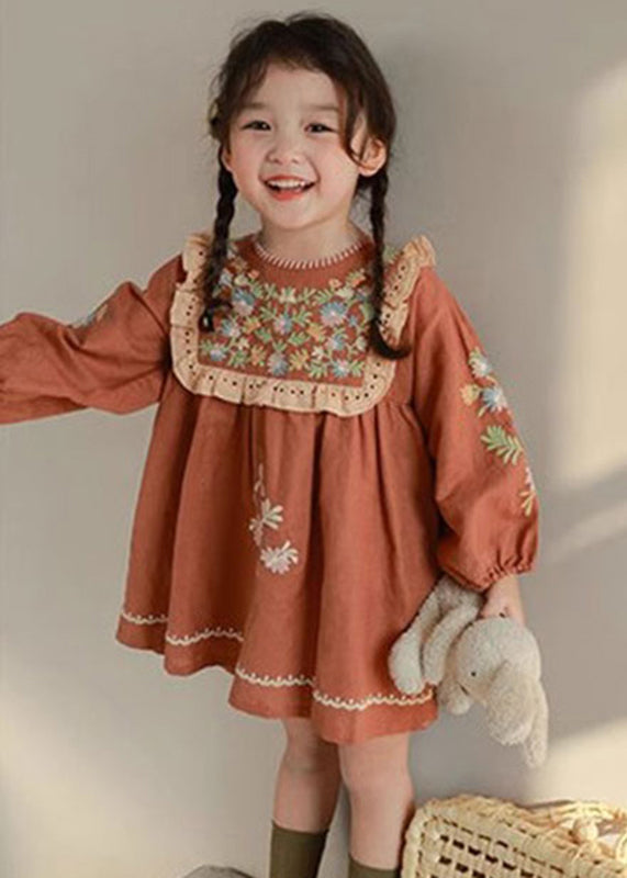 DIY Brick Red Embroideried Hollow Out Kids Mid Dress Fall SS1063 MM-RCTZ-FDM240601