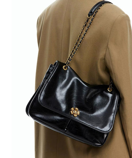 DIY Brown Floral Chain Linked Patchwork Faux Leather Satchel Handbag UU1094 Bag-BGS240527