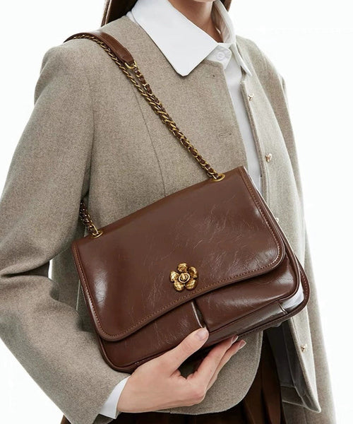 DIY Brown Floral Chain Linked Patchwork Faux Leather Satchel Handbag UU1094 Bag-BGS240527