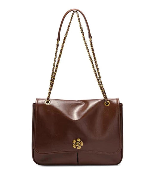 DIY Brown Floral Chain Linked Patchwork Faux Leather Satchel Handbag UU1094 Bag-BGS240527