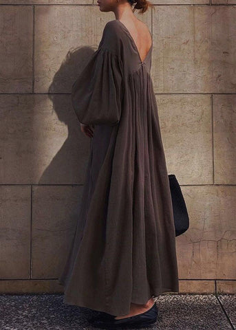 Maxi DIY Lantern Oversized Cotton Dresses Strap Cross Brown FashionChic