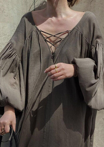 Maxi DIY Lantern Oversized Cotton Dresses Strap Cross Brown FashionChic