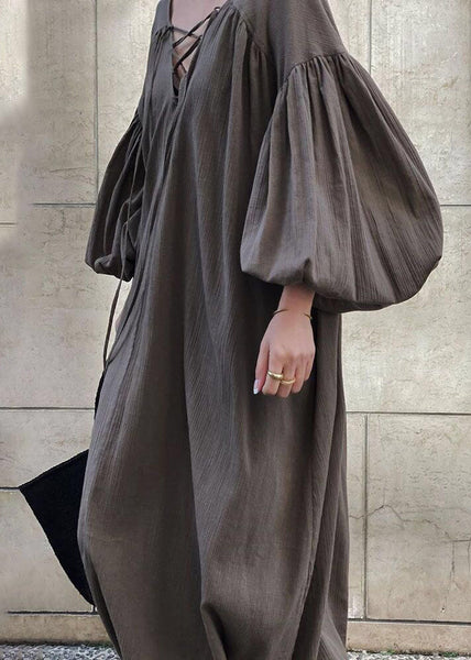 Maxi DIY Lantern Oversized Cotton Dresses Strap Cross Brown FashionChic