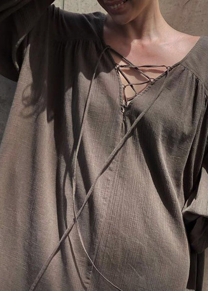 Maxi DIY Lantern Oversized Cotton Dresses Strap Cross Brown FashionChic