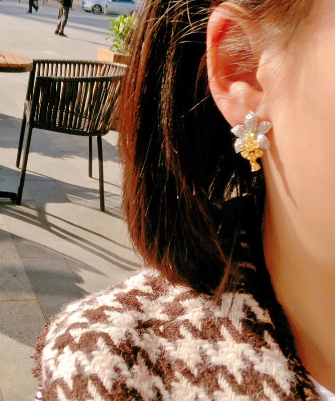 DIY Floral Stud Zircon Earrings Crystal Colorblock Alloy FashionChic