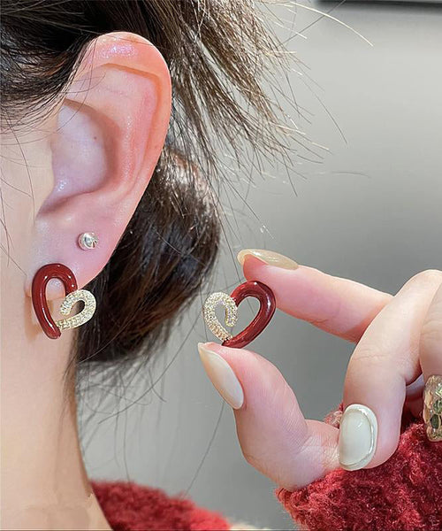 DIY Colorblock Asymmetric Copper Overgild Zircon Love Stud Earrings YX008 ABC