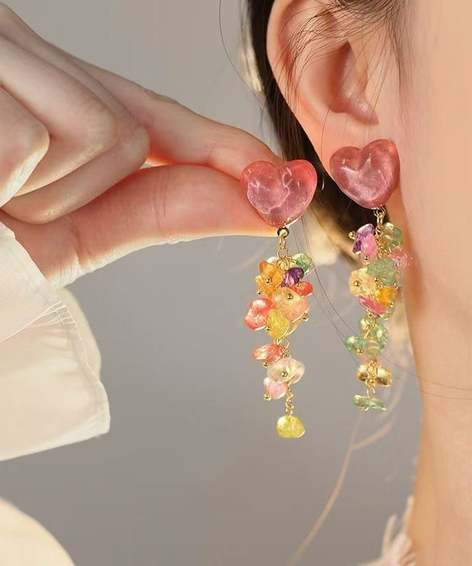 DIY Colorblock Copper Gem Stone Love Tassel Drop Earrings QU016 JEW-EAR241007