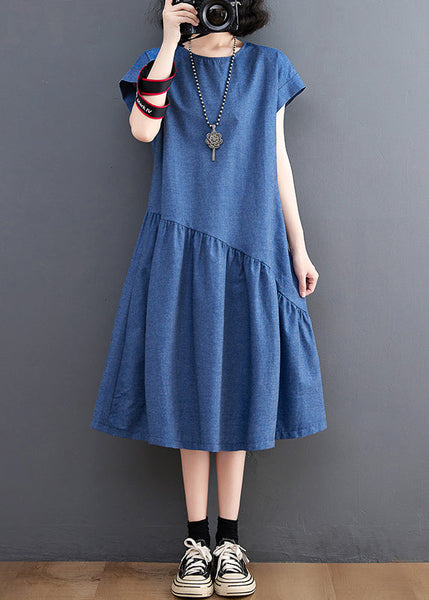 Patchwork Asymmetrical DIY Summer Dress Denim Holiday Navy FashionChic