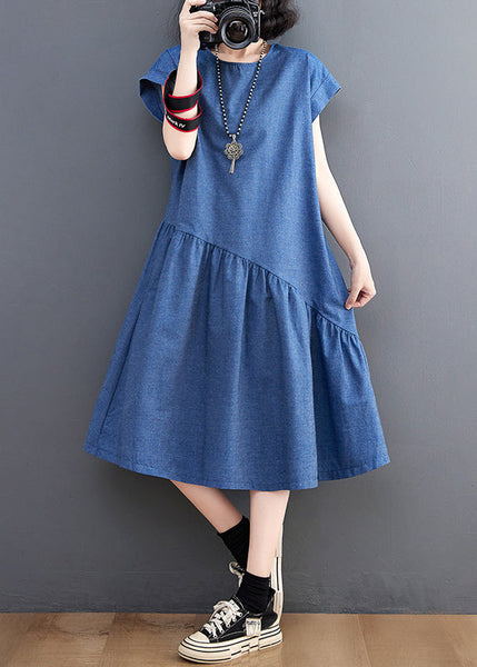 Patchwork Asymmetrical DIY Summer Dress Denim Holiday Navy FashionChic