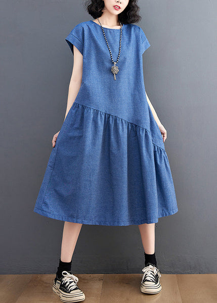 Patchwork Asymmetrical DIY Summer Dress Denim Holiday Navy FashionChic
