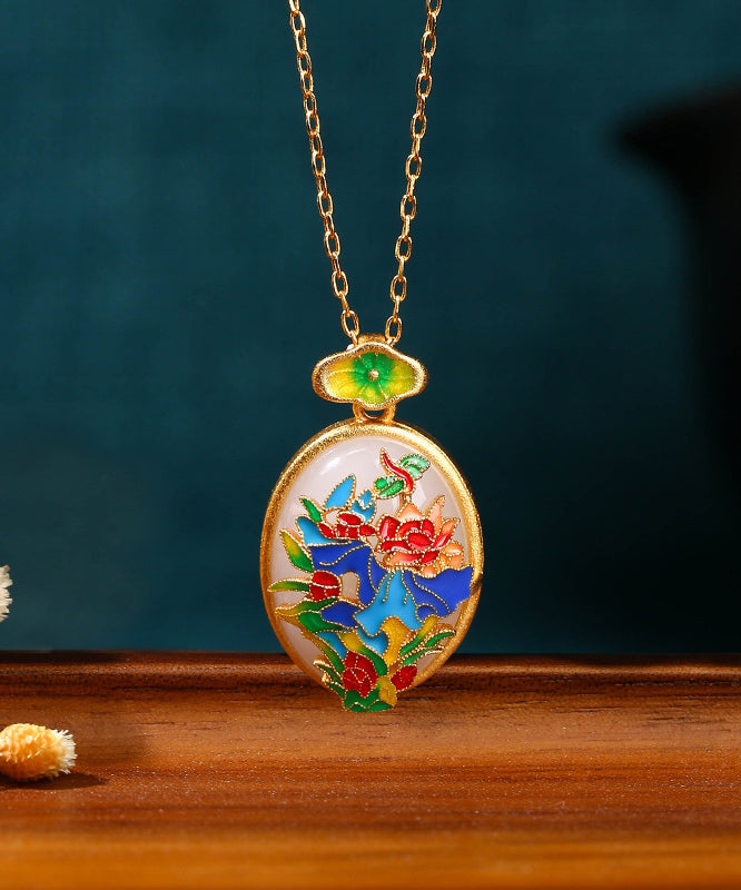 DIY Gold Ancient Gold Jade Enamel Floral Pendant Necklace KX1081 Ada Fashion