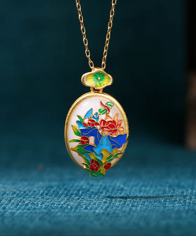 DIY Gold Ancient Gold Jade Enamel Floral Pendant Necklace KX1081 Ada Fashion