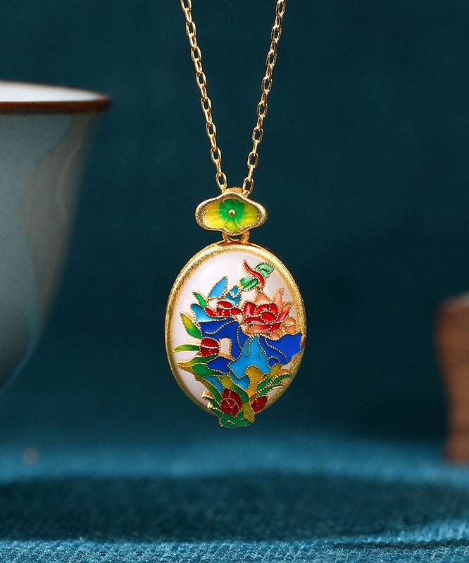 DIY Gold Ancient Gold Jade Enamel Floral Pendant Necklace KX1081 Ada Fashion