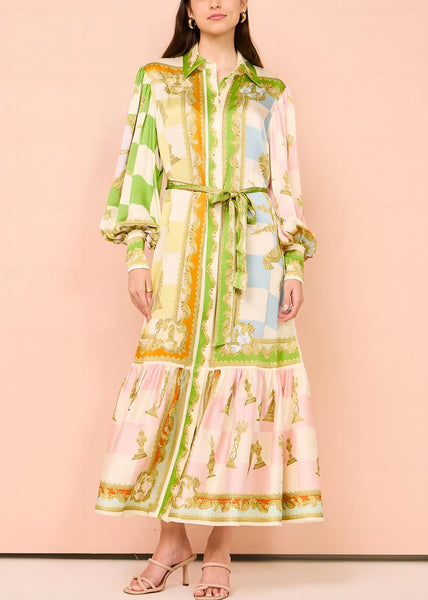 Tie Button DIY Maxi Green Dress Lantern Collar Peter Pan Waist FashionChic