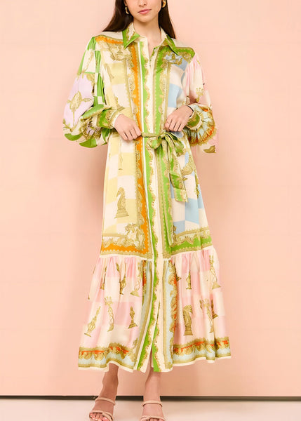 Tie Button DIY Maxi Green Dress Lantern Collar Peter Pan Waist FashionChic