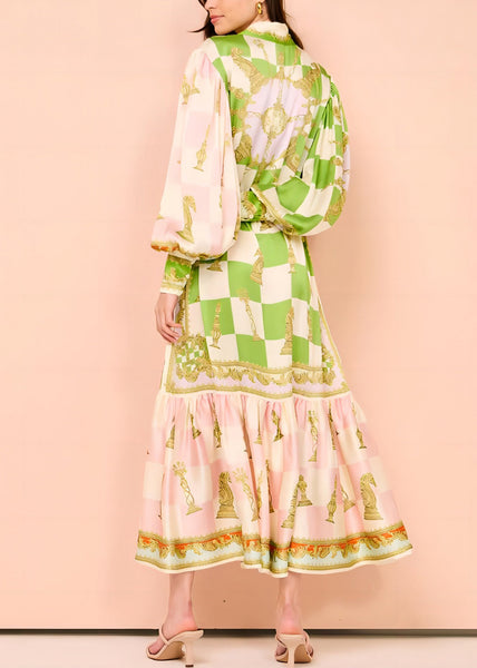 Tie Button DIY Maxi Green Dress Lantern Collar Peter Pan Waist FashionChic