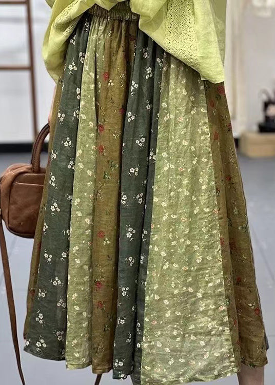 DIY Green Print Wrinkled Elastic Waist Linen Skirt Spring WW1011 Ada Fashion