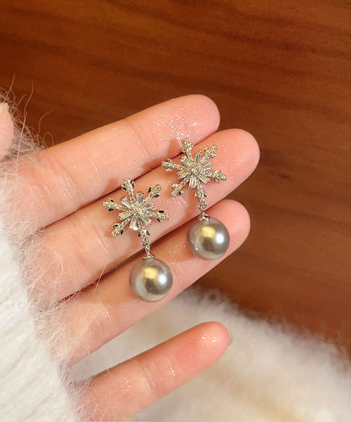 DIY Grey Copper Snowflake Pearl Drop Earrings RB023 ABC