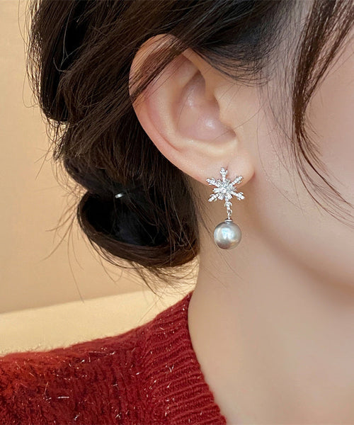 DIY Grey Copper Snowflake Pearl Drop Earrings RB023 ABC