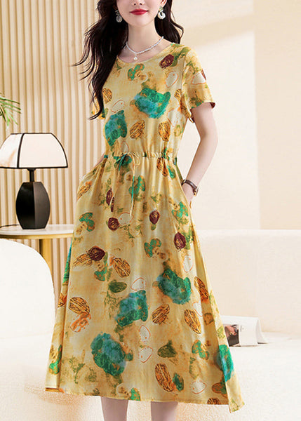 DIY Khaki O-Neck Print Tie Waist Maxi Dress Short Sleeve VB1007 Ada Fashion