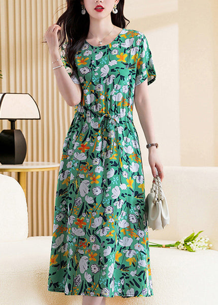 DIY Khaki O-Neck Print Tie Waist Maxi Dress Short Sleeve VB1007 Ada Fashion