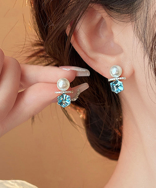 Copper Alloy Blue Lake Pearl Zircon Stud Earrings DIY FashionChic