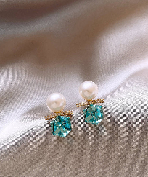 Copper Alloy Blue Lake Pearl Zircon Stud Earrings DIY FashionChic