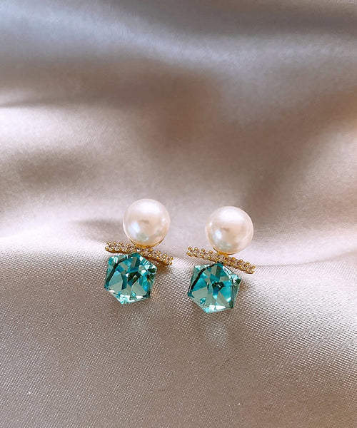 Copper Alloy Blue Lake Pearl Zircon Stud Earrings DIY FashionChic