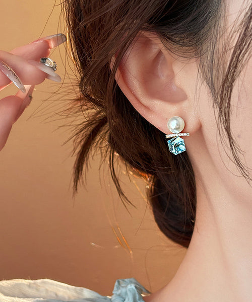 Copper Alloy Blue Lake Pearl Zircon Stud Earrings DIY FashionChic