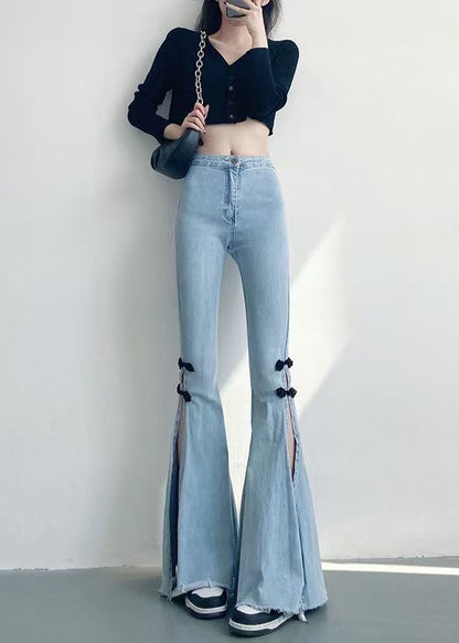 DIY Light Blue Chinese Button Side Open Denim Flare Bottoms Spring YF019 ABC