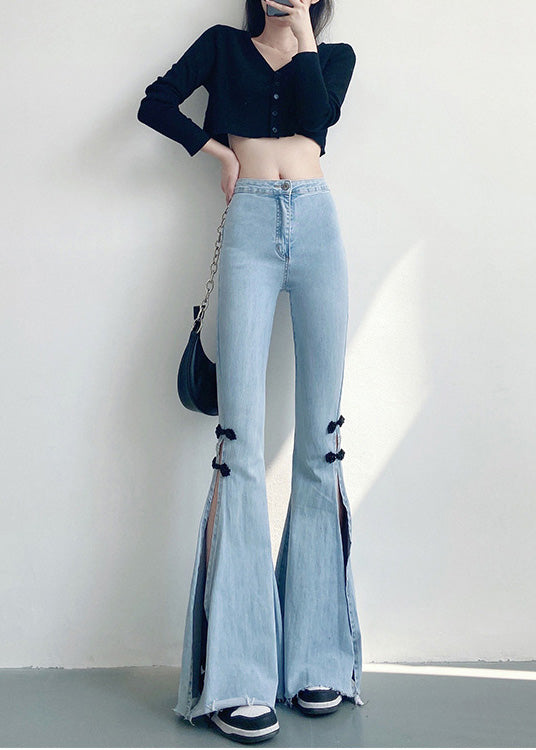 DIY Light Blue Chinese Button Side Open Denim Flare Bottoms Spring YF019 ABC