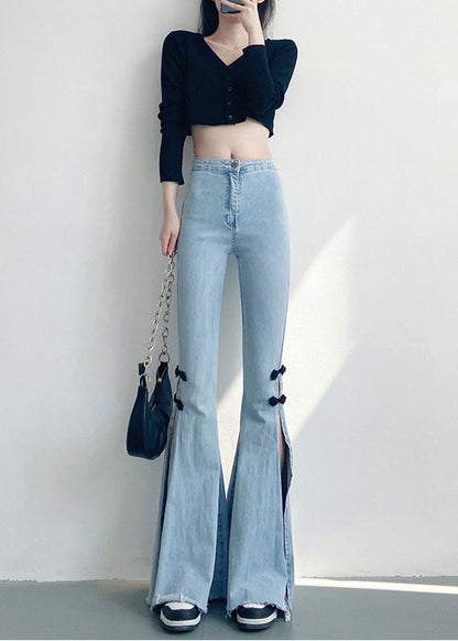 DIY Light Blue Chinese Button Side Open Denim Flare Bottoms Spring YF019 ABC