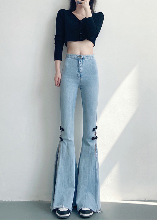 DIY Light Blue Chinese Button Side Open Denim Flare Bottoms Spring YF019 ABC