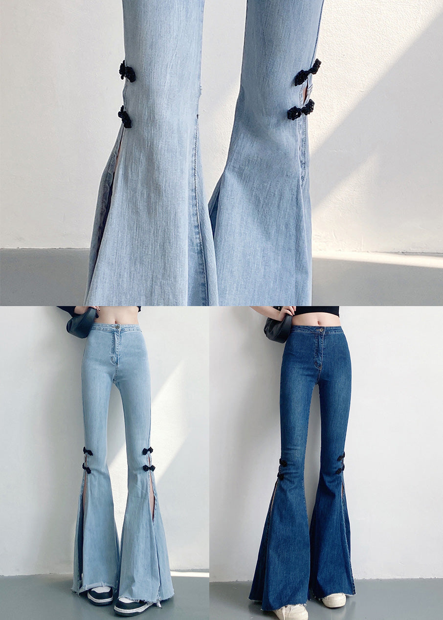 DIY Light Blue Chinese Button Side Open Denim Flare Bottoms Spring YF019 ABC